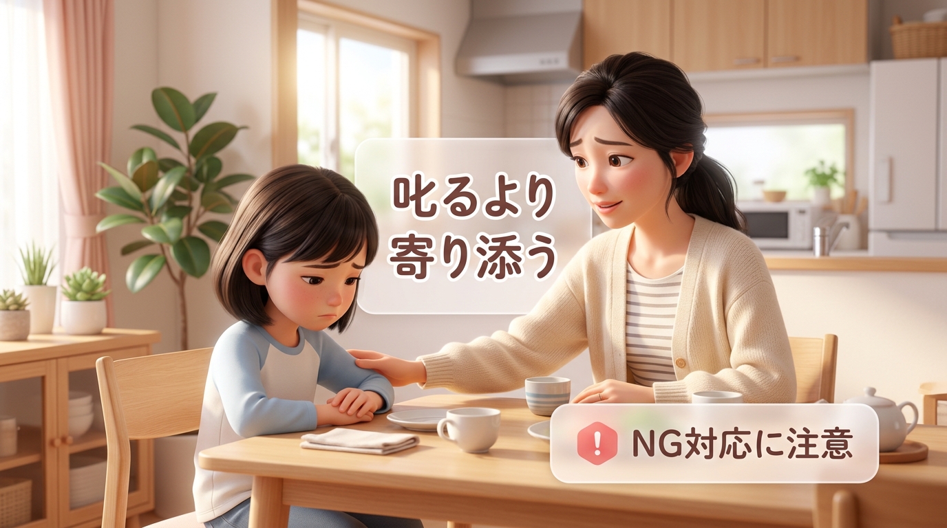 疲れた表情の子どもに対して困ったような表情のお母さん
