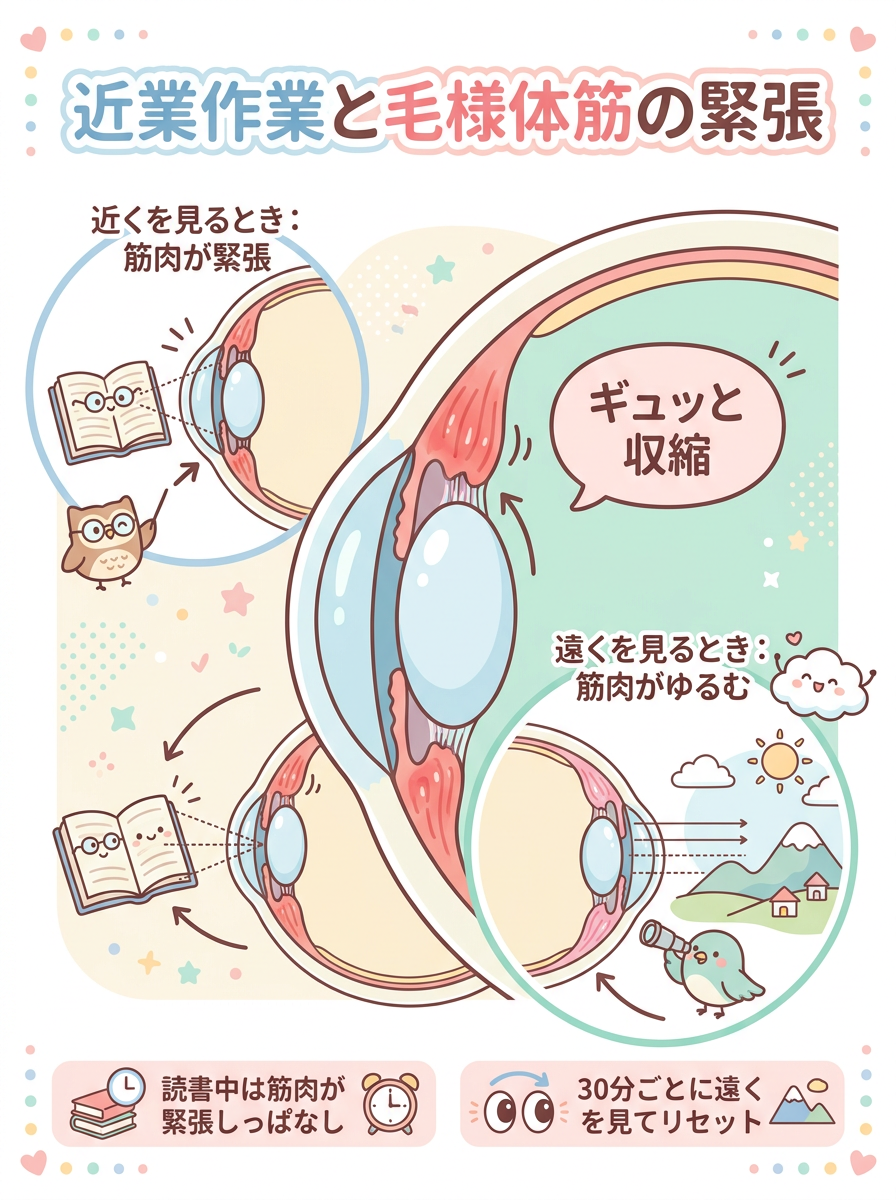 図解：近業作業と毛様体筋の負担を示すイラスト