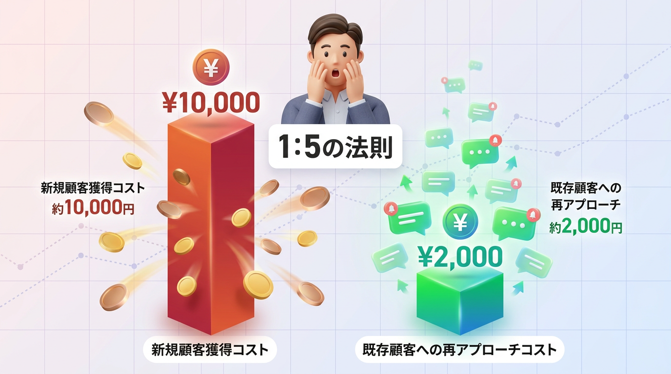 図解:新規集客と既存リスト活用のコスト比較グラフ