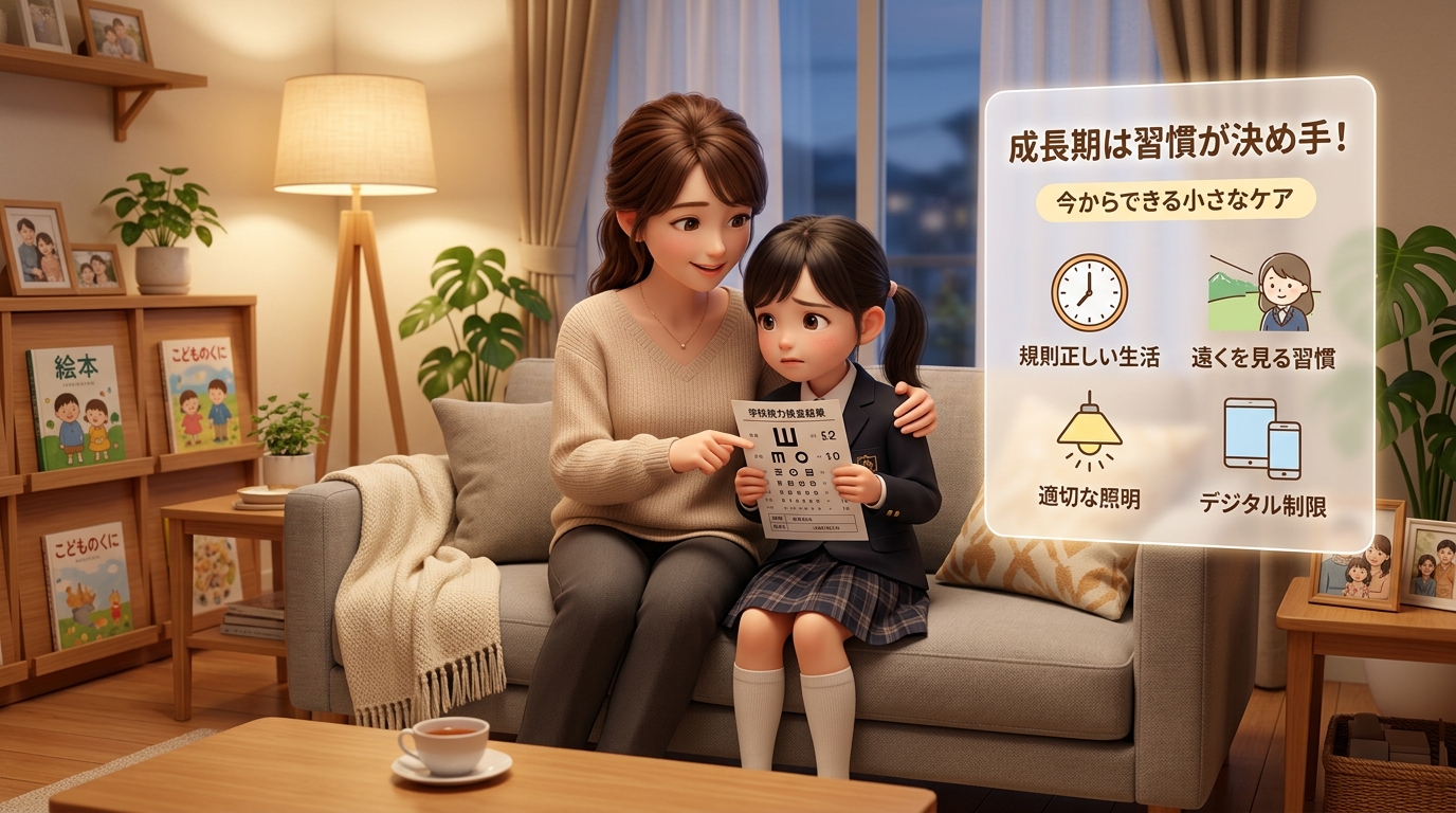 成長期の子供と母親が一緒に視力について考えるシーン