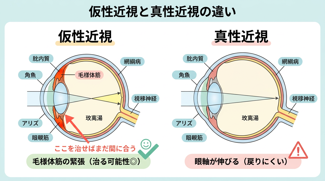 図解：仮性近視と真性近視の違いを示すイラスト