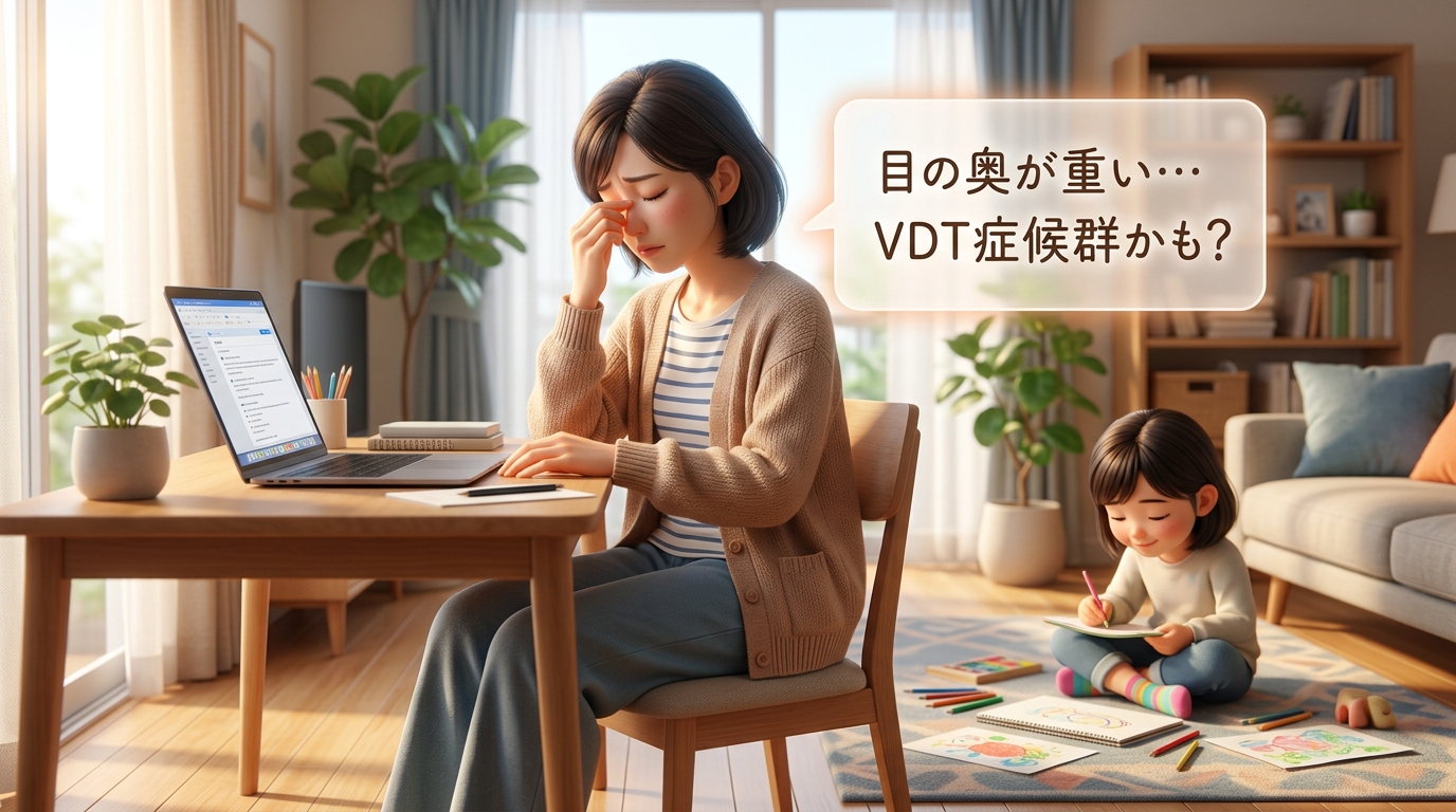 モニターを見つめて疲れた表情の在宅ワーク中の女性