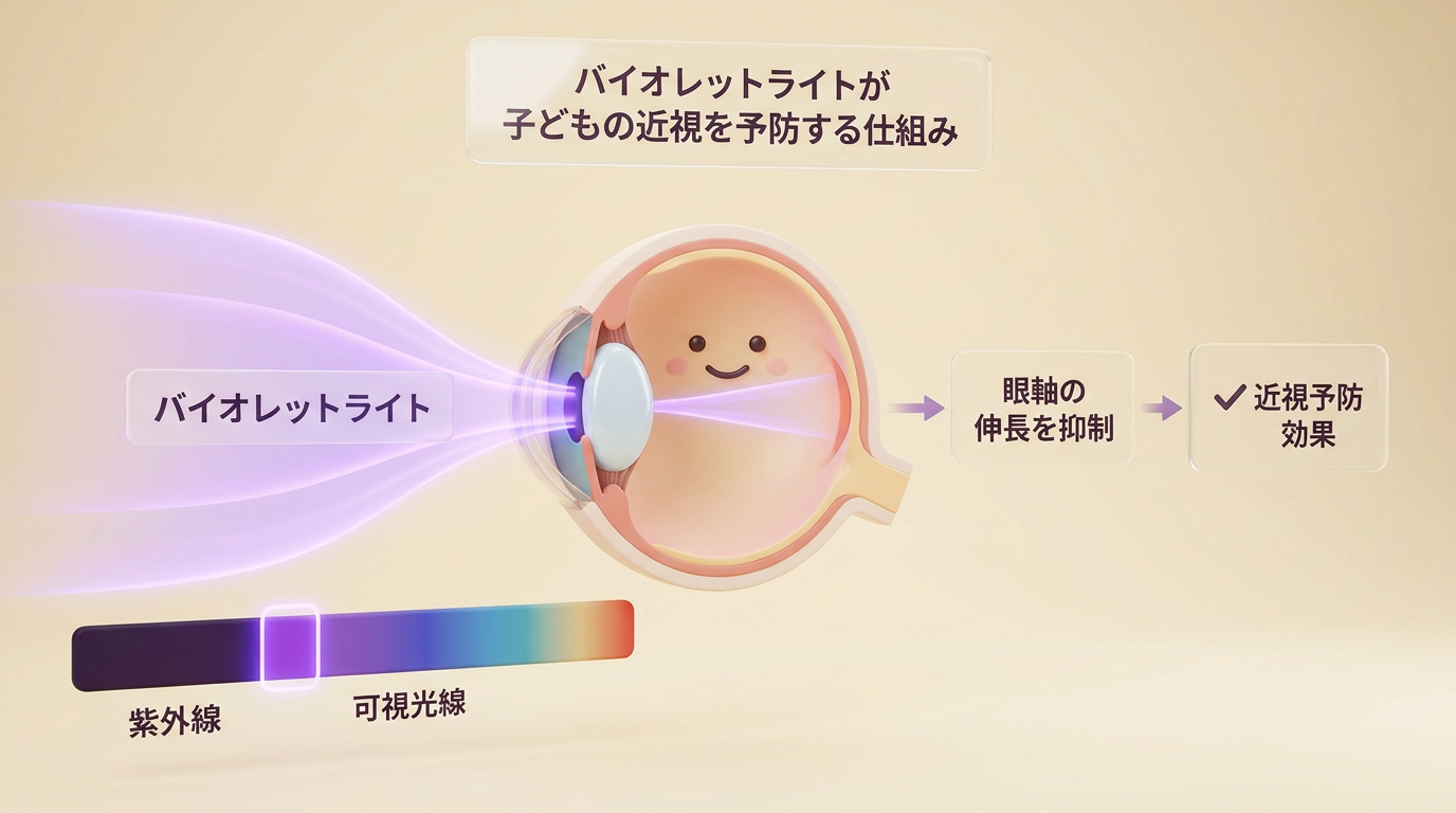 図解：バイオレットライトの波長帯と、近視抑制に関わる研究イメージ