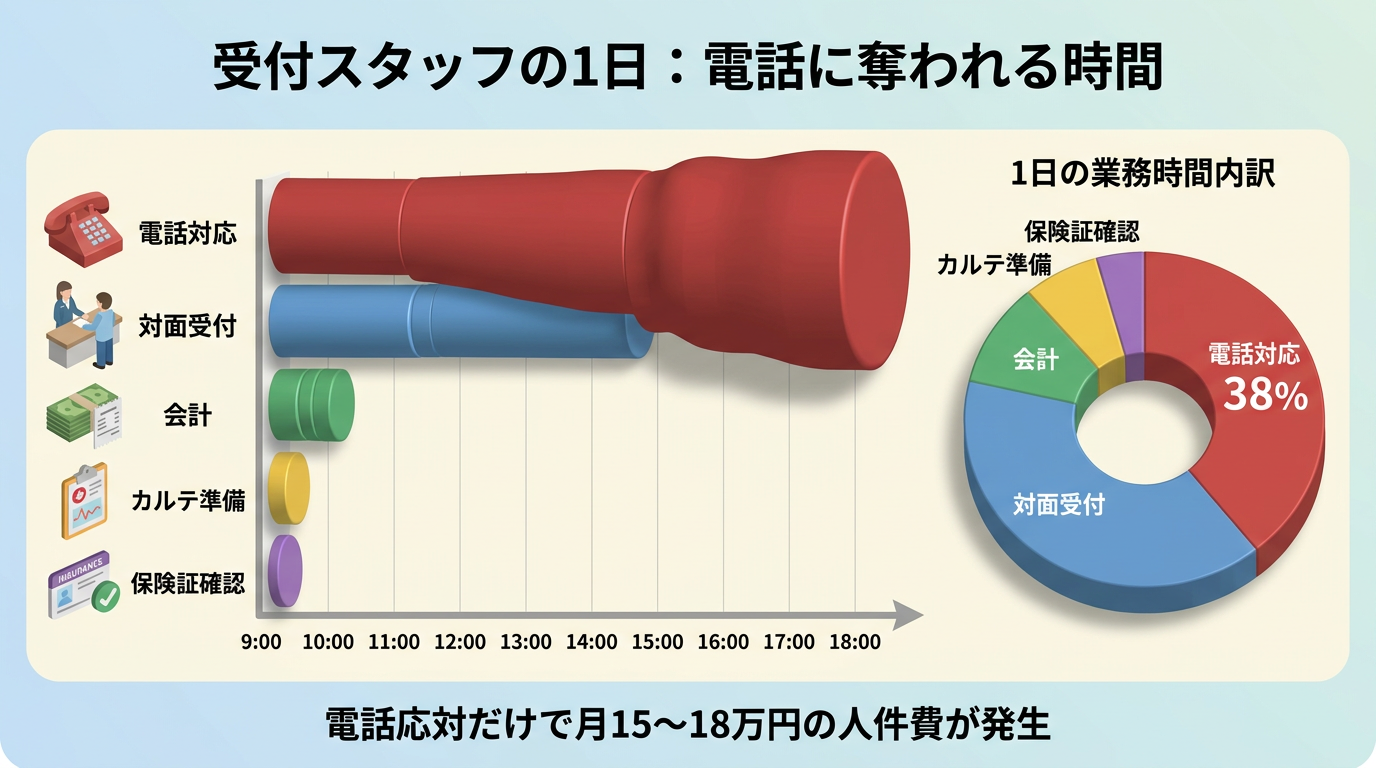 図解：電話予約に依存するクリニックの業務負担構造とコスト