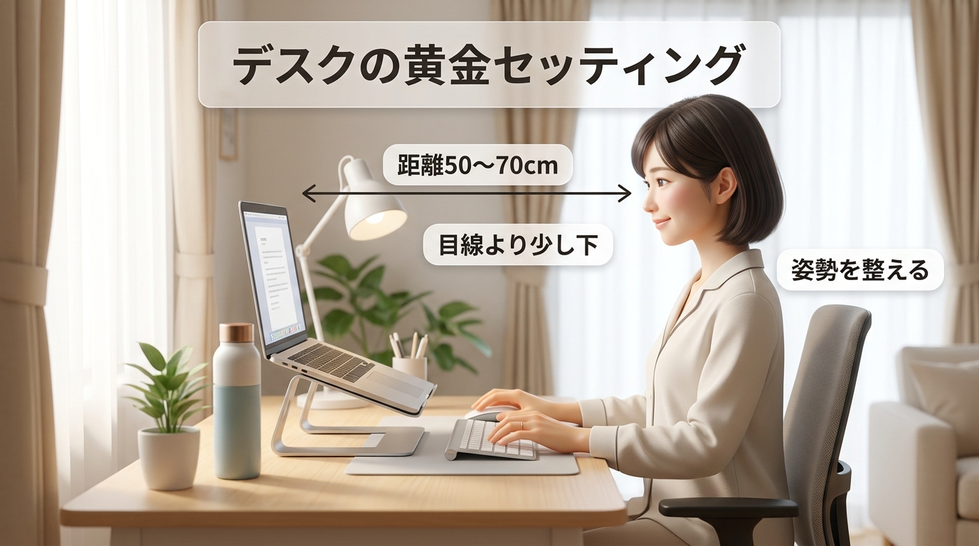 整ったデスクとビジネスパーソンの正しい姿勢のイメージ