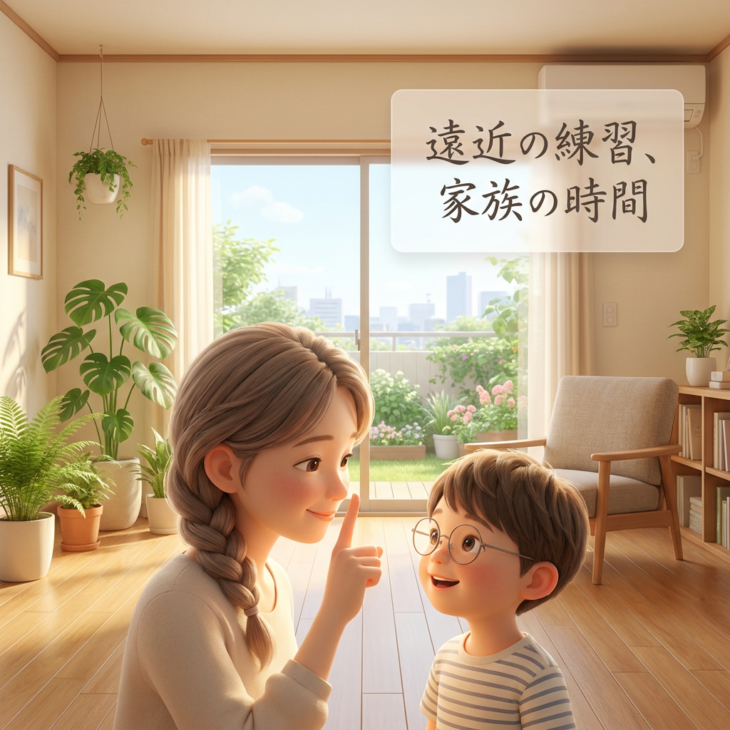 家族で目のトレーニングに取り組むイメージ