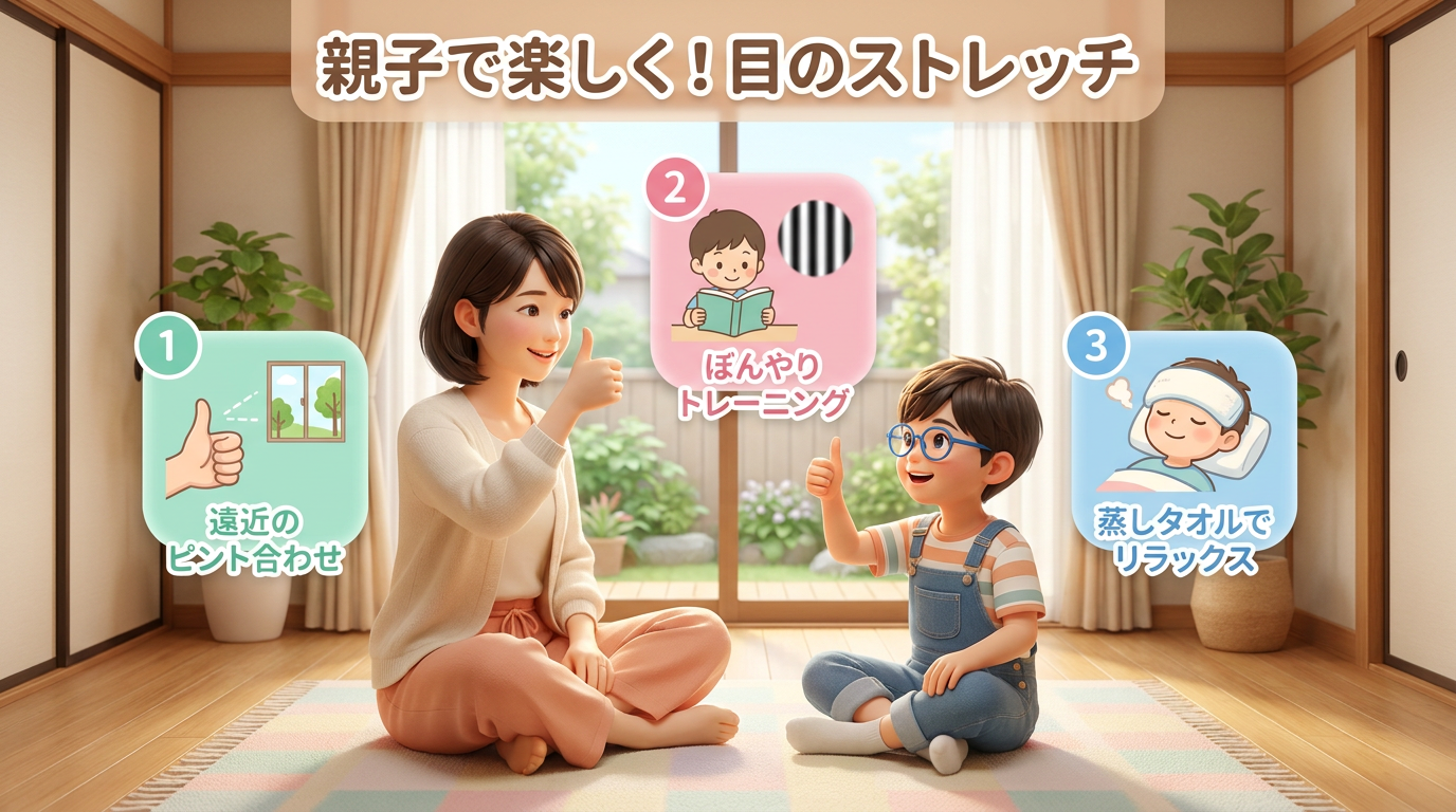 イラスト:親子で楽しく目のリフレッシュをしている家庭の風景