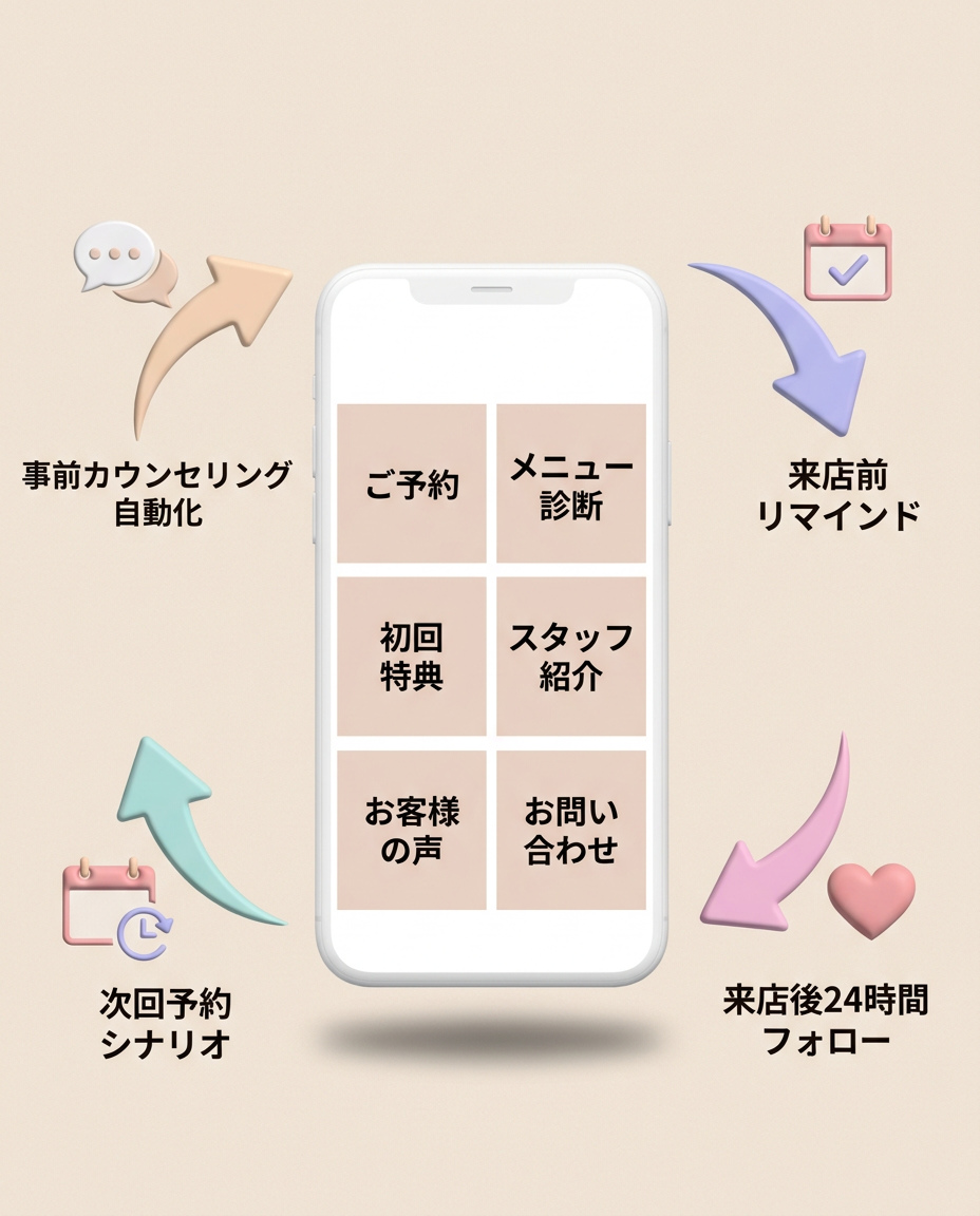 美容サロンのLINE自動化フローを示すスマホUI画面