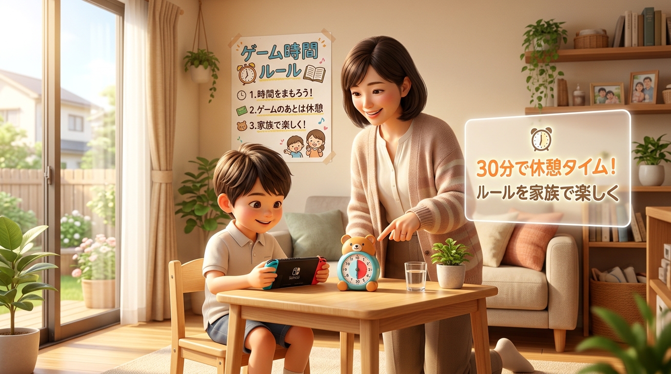 家族で楽しくゲーム時間ルールを守るシーン