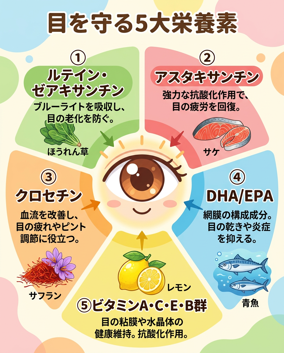 図解:瞳の健康を支える栄養素と含まれる食材