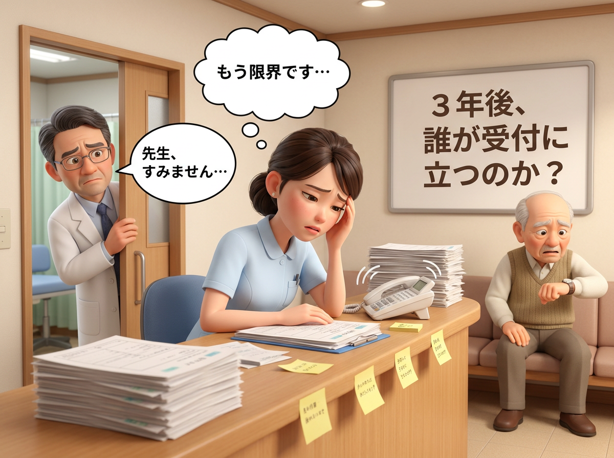 イラスト：疲弊する受付スタッフと多忙な院長の姿