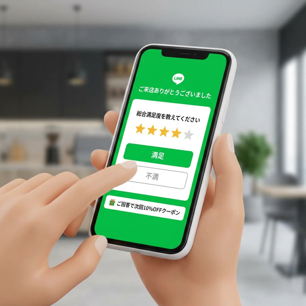 スマホUI画面:LINEアンケートの回答画面イメージ。星評価と選択式ボタン