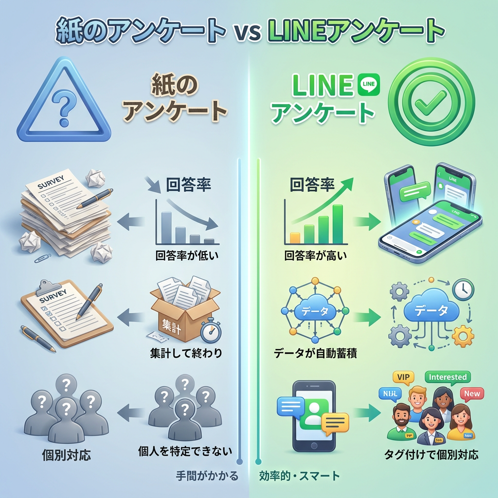 比較図:紙のアンケートとLINEアンケート(拡張機能)の違い。回答率・データ活用・タグ付けの比較表