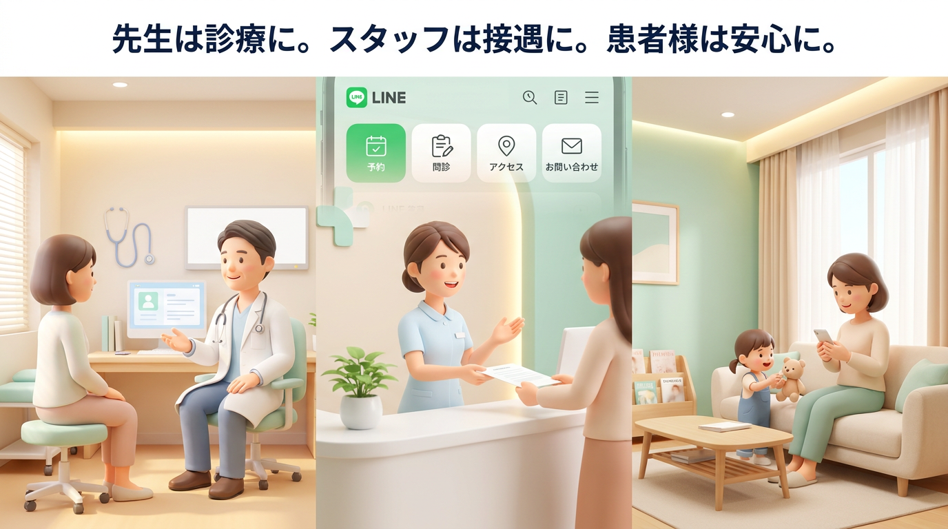 イラスト：診療に集中する医師と笑顔のスタッフ・患者の三者
