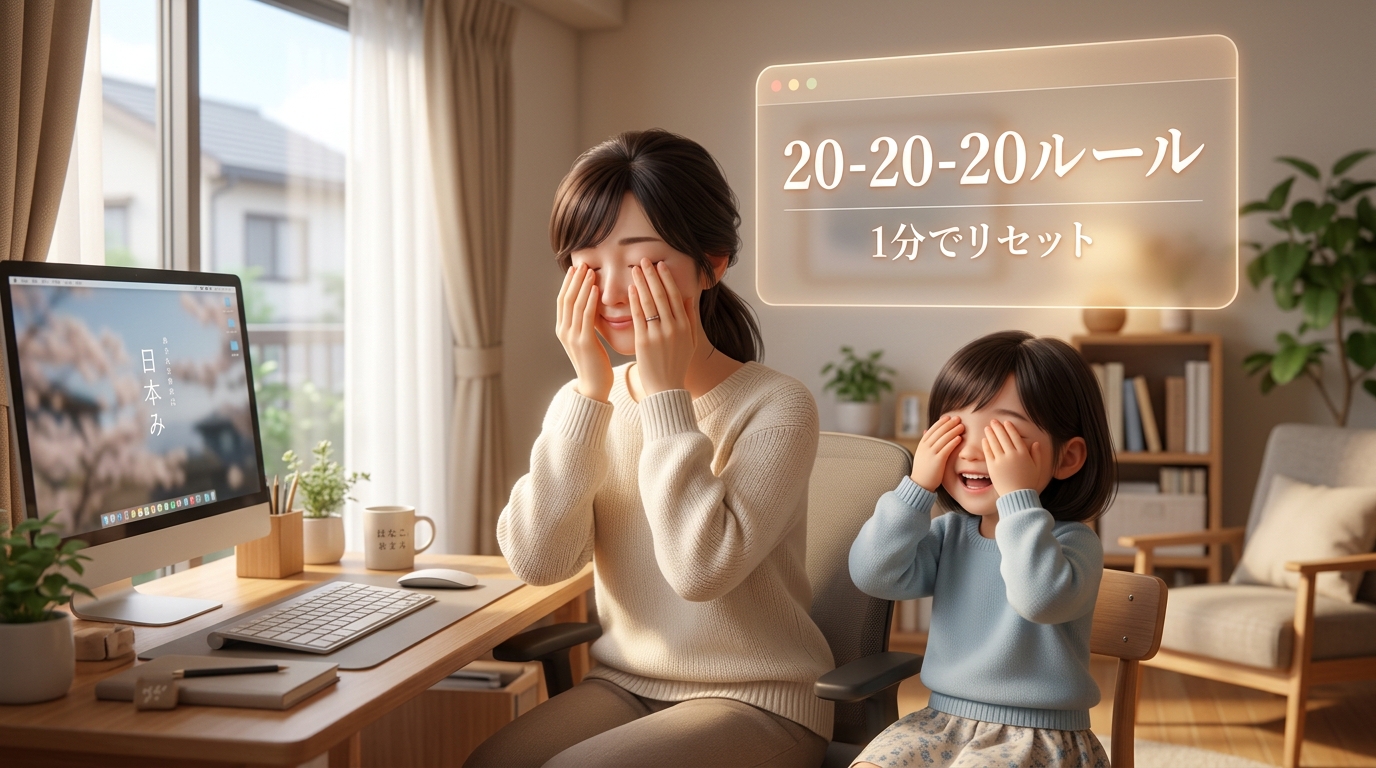 オフィスでアイケアをするビジネスパーソンのイメージ