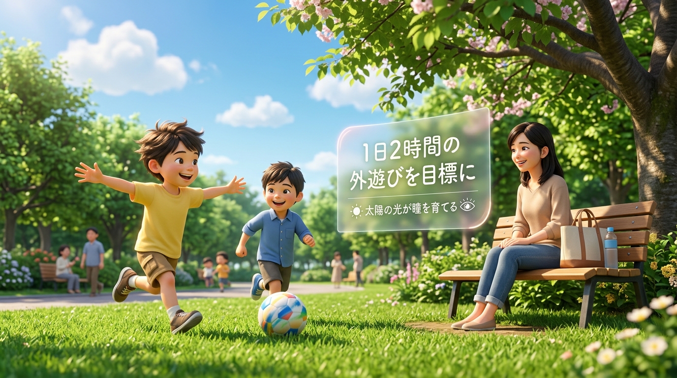 公園で元気に外遊びをする子供と見守る母親