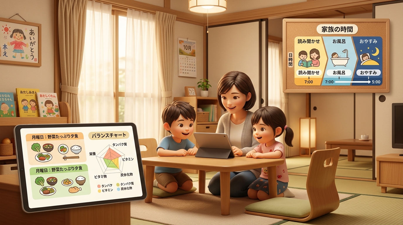 家庭でできる視力ケアに取り組む親子