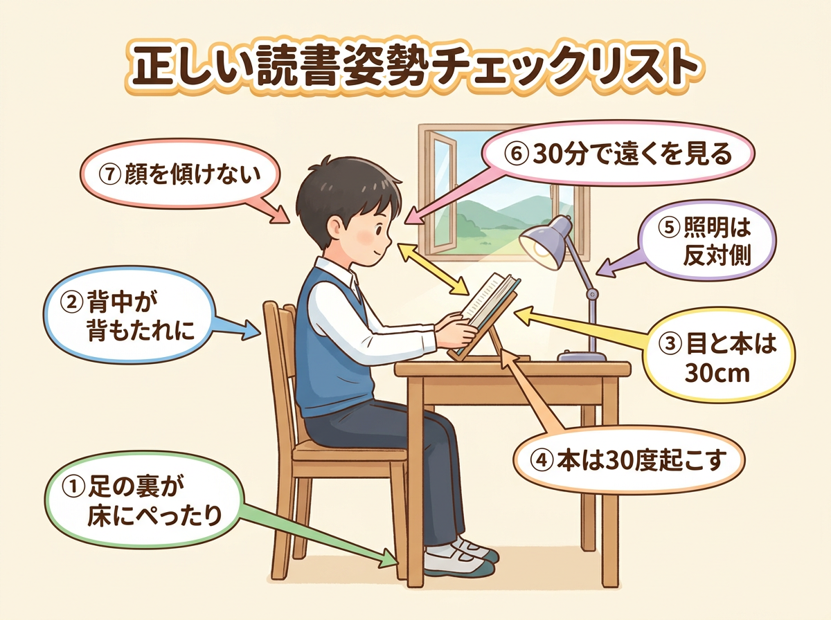 図解：正しい読書姿勢の7つのチェックポイント