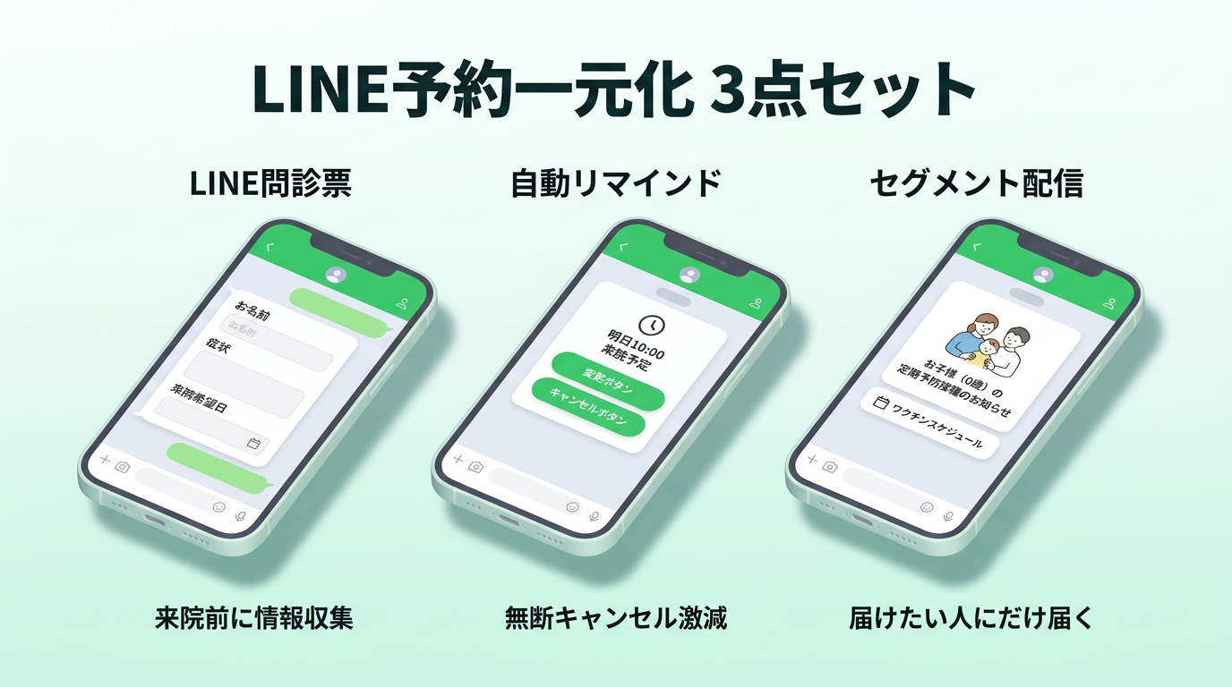 画面イメージ：LINE問診票・リマインド・セグメント配信の3点セットUI