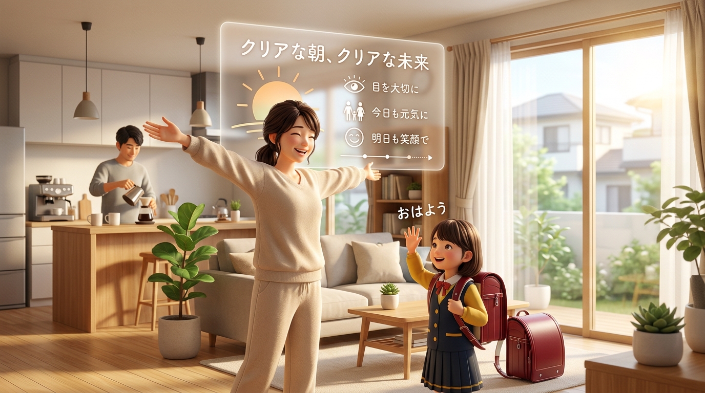 スッキリ目覚めた朝のビジネスパーソンと家族のイメージ