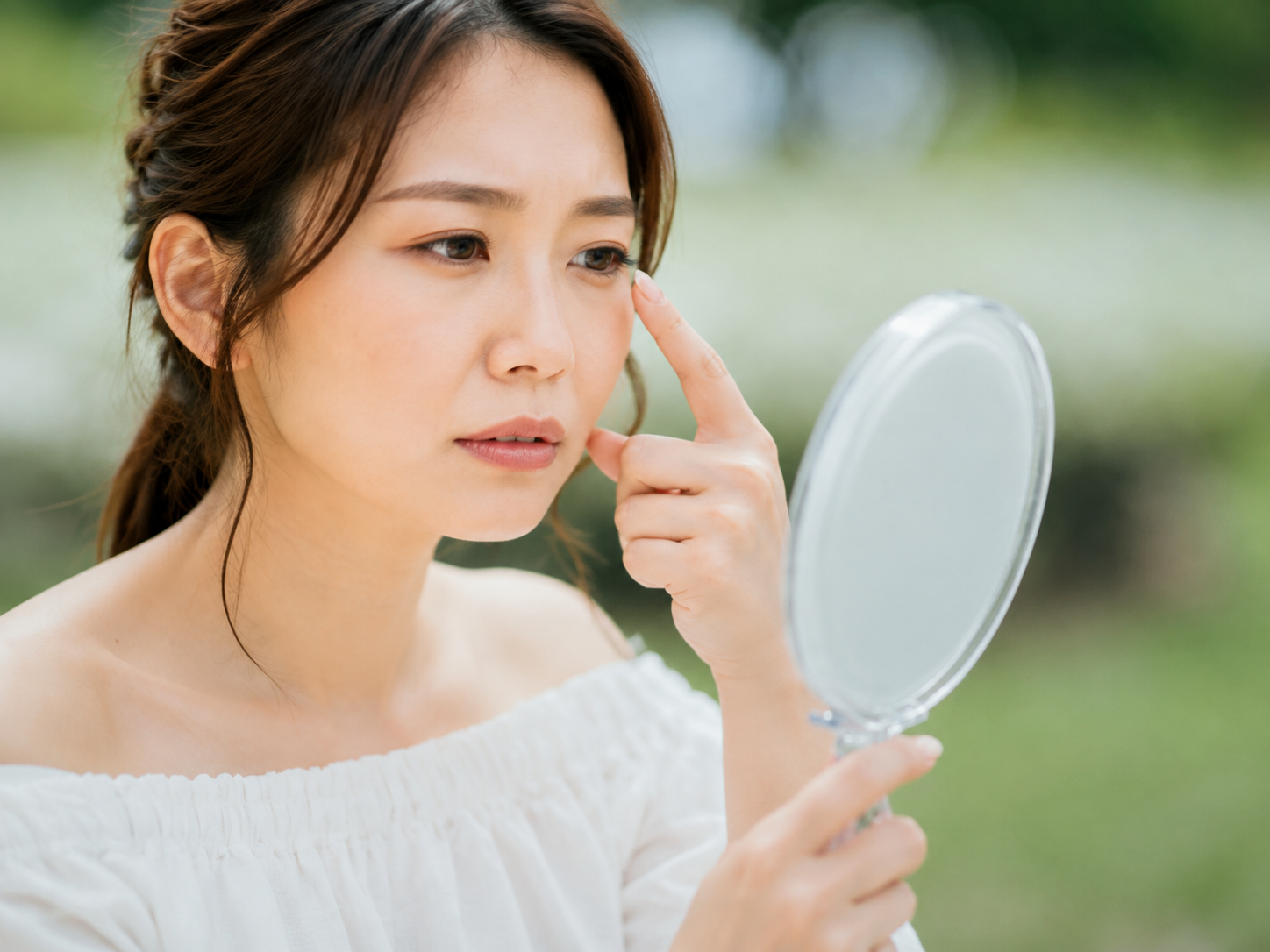 鏡で目元を確認する女性のイメージ