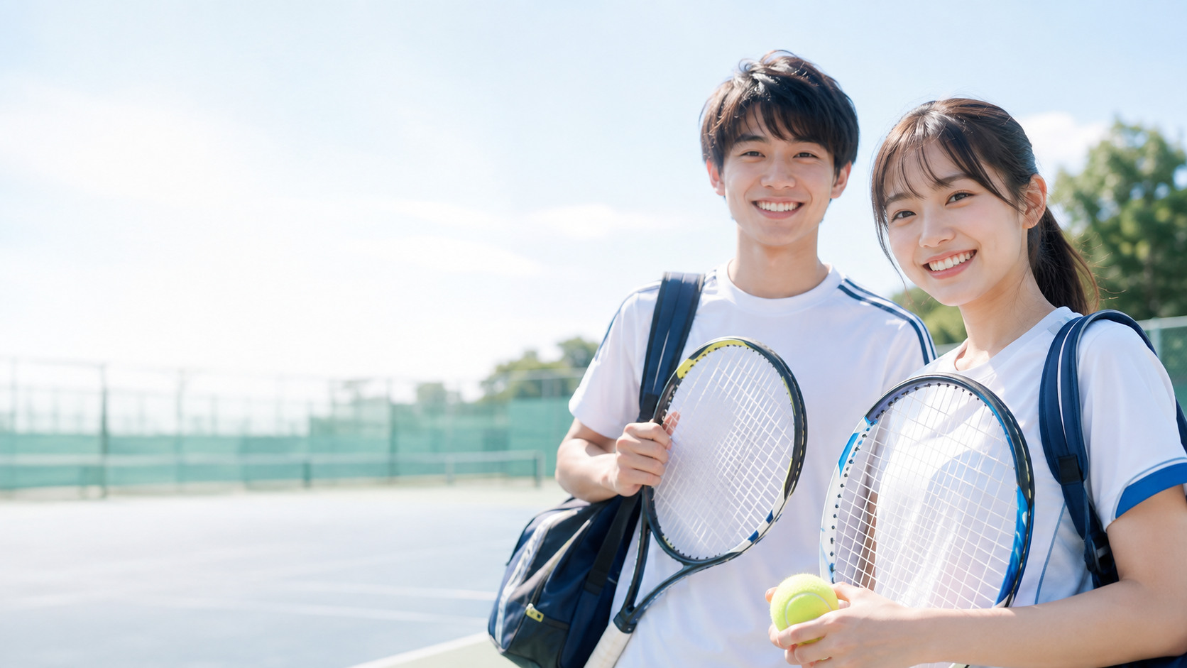 テニスコートで笑顔を見せる大学生男女