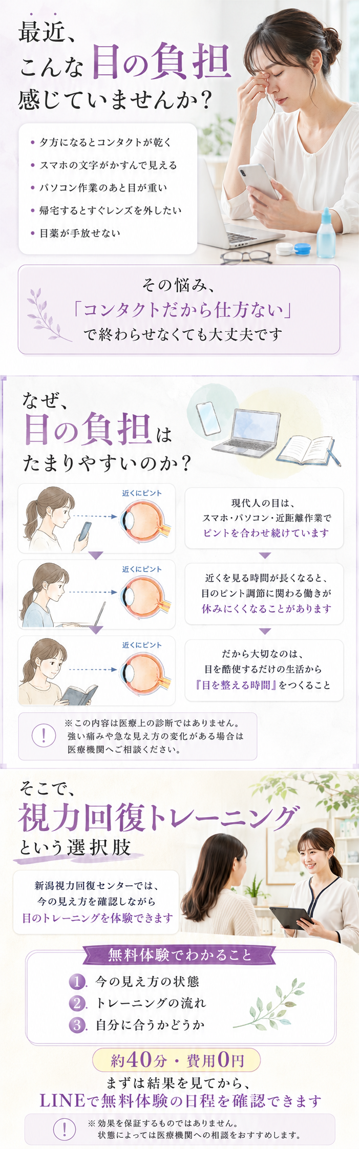 目の負担の悩み、目の使い方、視力回復トレーニングという選択肢を説明する画像