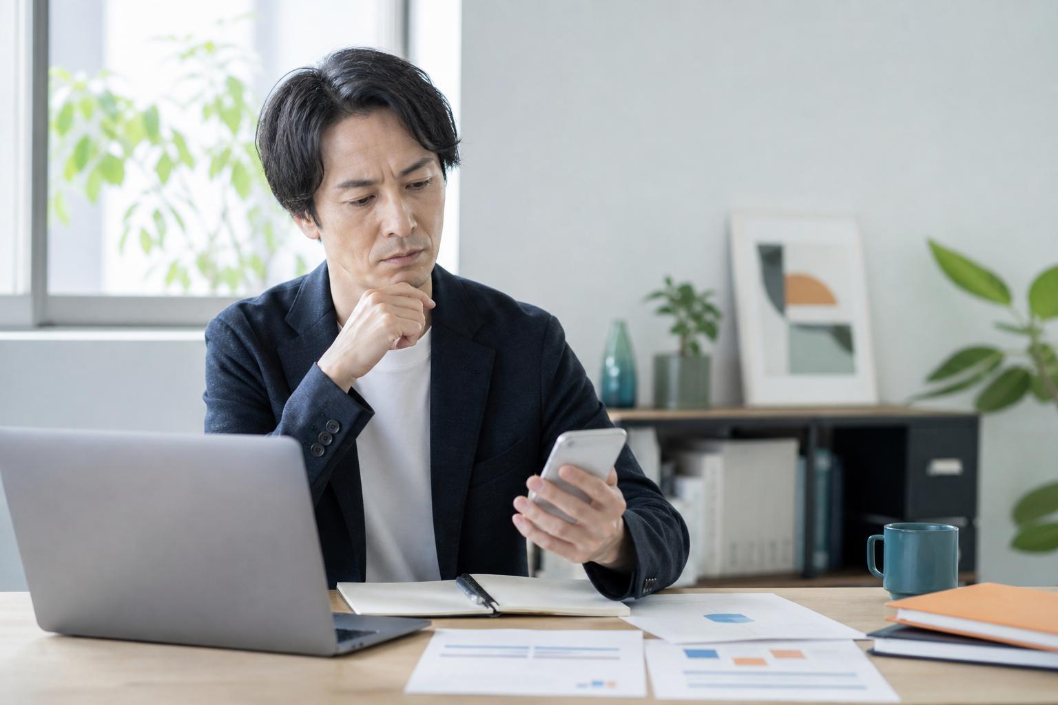 パソコンとスマートフォンを見ながら集客方法を検討する事業者