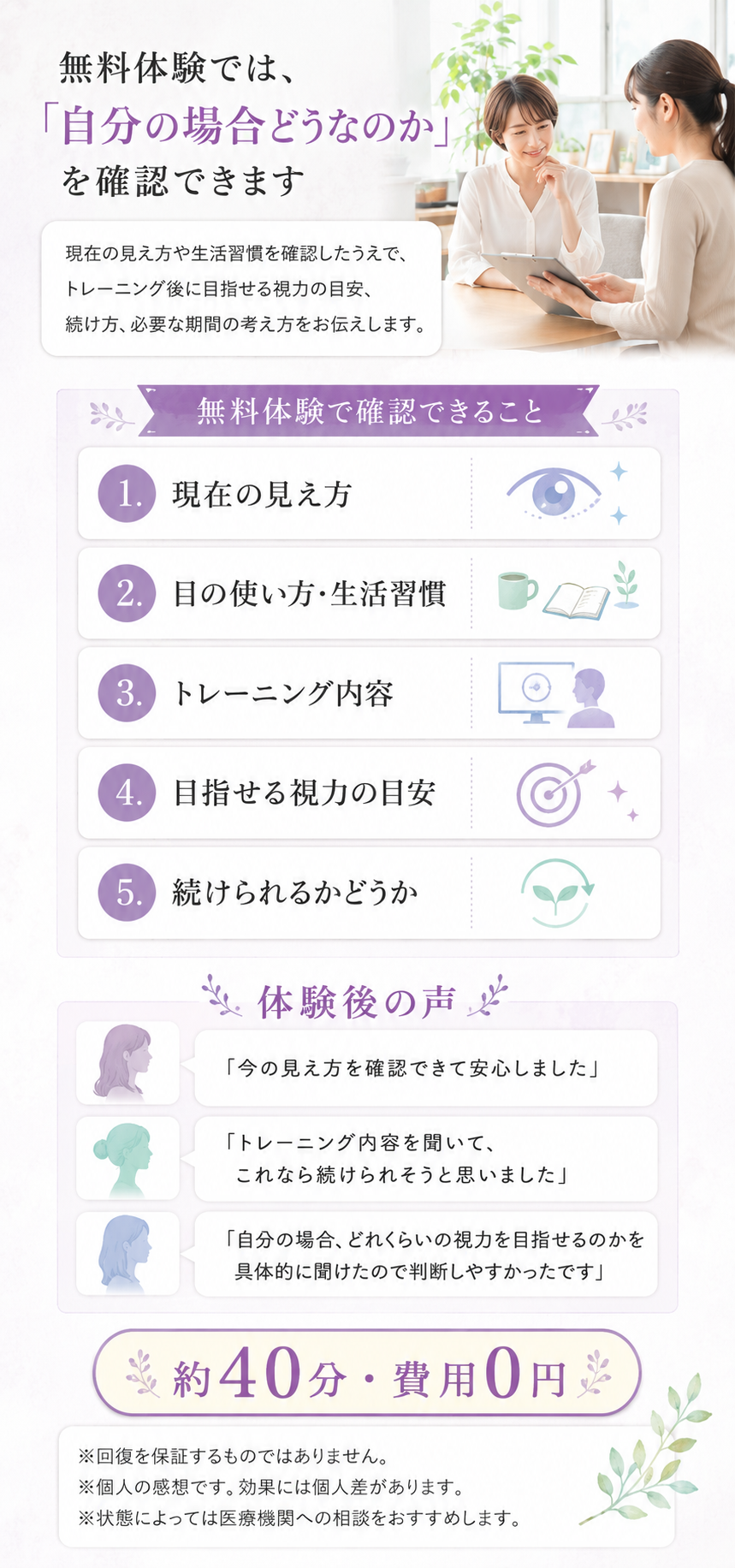 無料体験で確認できること、体験後の声、約40分費用0円を説明する画像